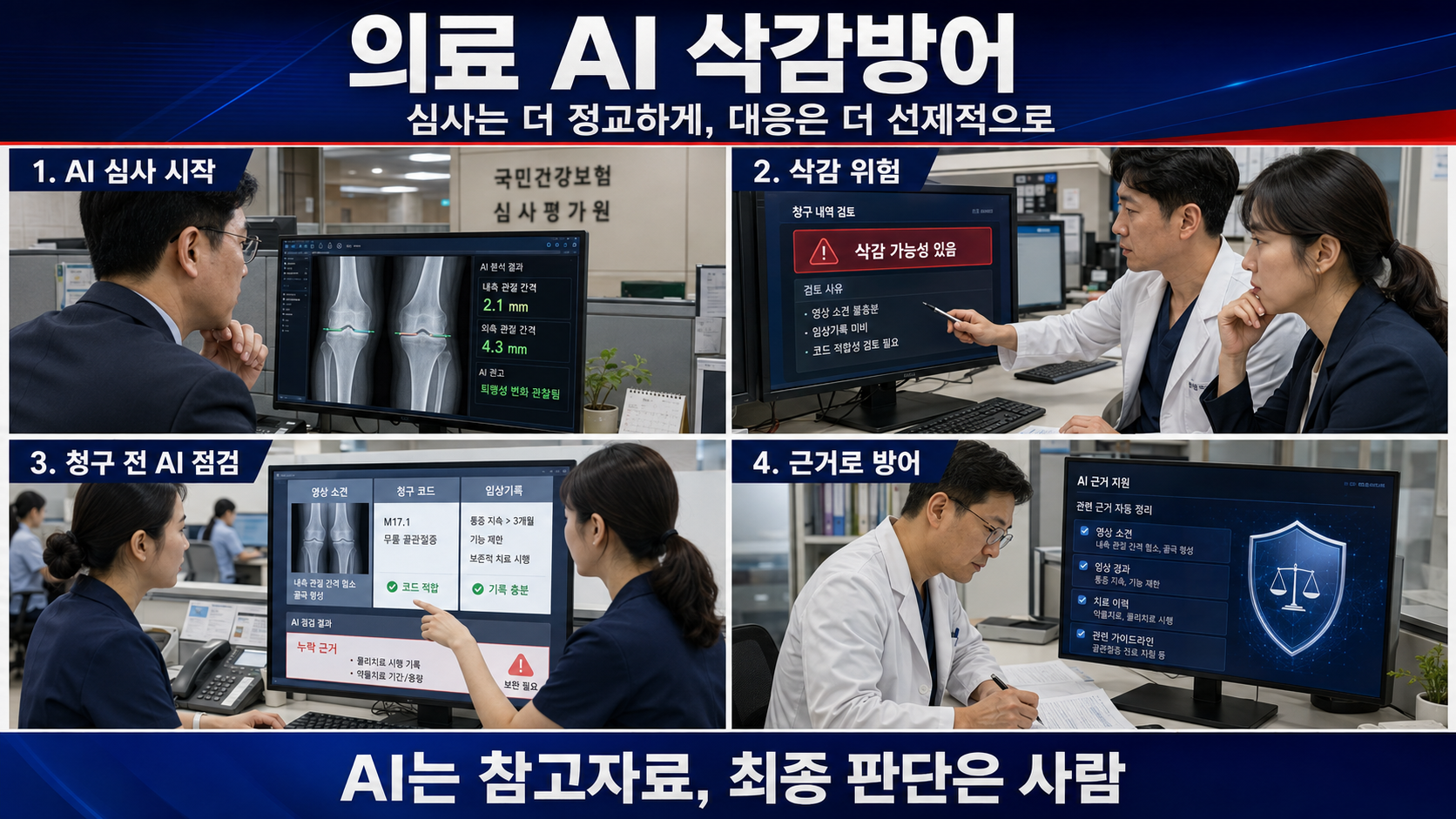 AI 심사 시작 · 삭감 위험 · 청구 전 AI 점검 · 근거로 방어 네 장면